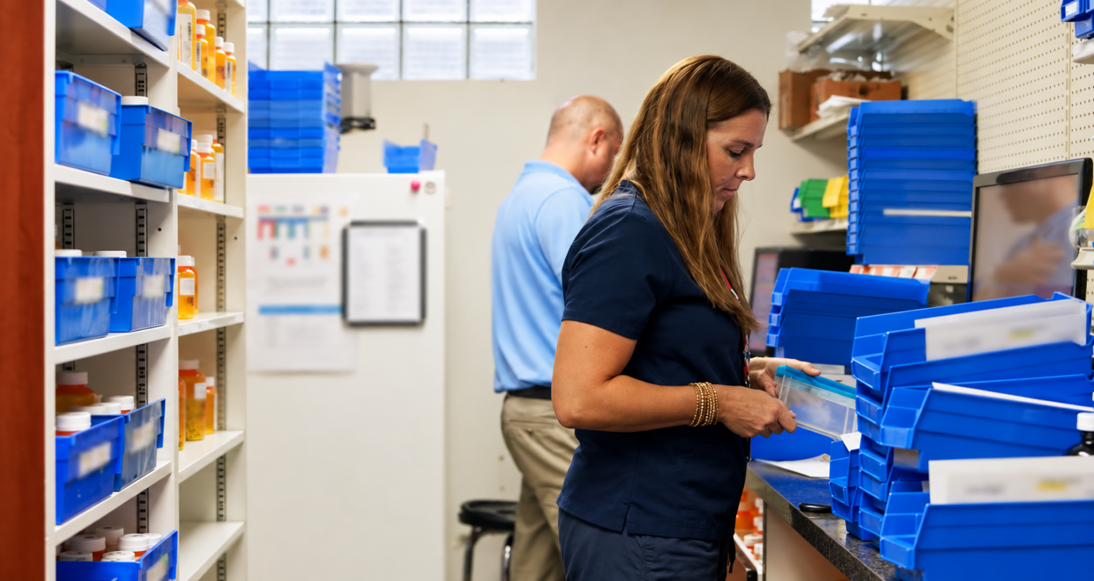 Pharmacy employees managing prescription workload among stacked pharmacy bins