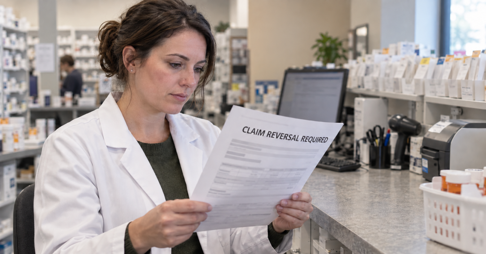 Pharmacist reviewing a claim reversal notice for an unclaimed prescription