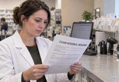 Pharmacist reviewing a claim reversal notice for an unclaimed prescription