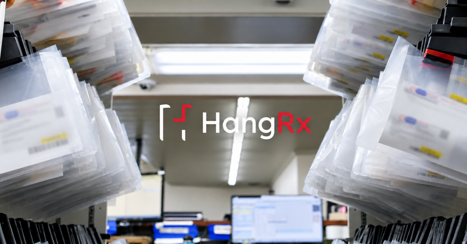 HangRx automated pharmacy will-call system installed on pharmacy racks
