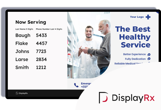 Display patient queue status with ads and services with DisplayRx