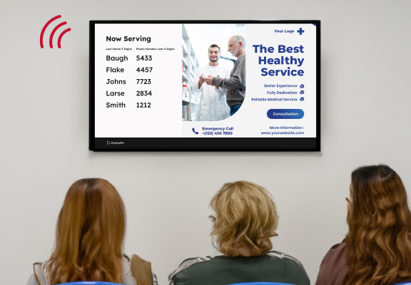 Patients in a waiting area viewing the DisplayRx, offer audio and video support for hearing impairments
